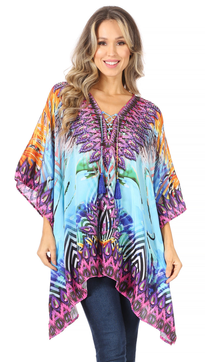 Sakkas Aymee Women's Caftan Poncho Cover up V neck Top Lace up With Rhinestone