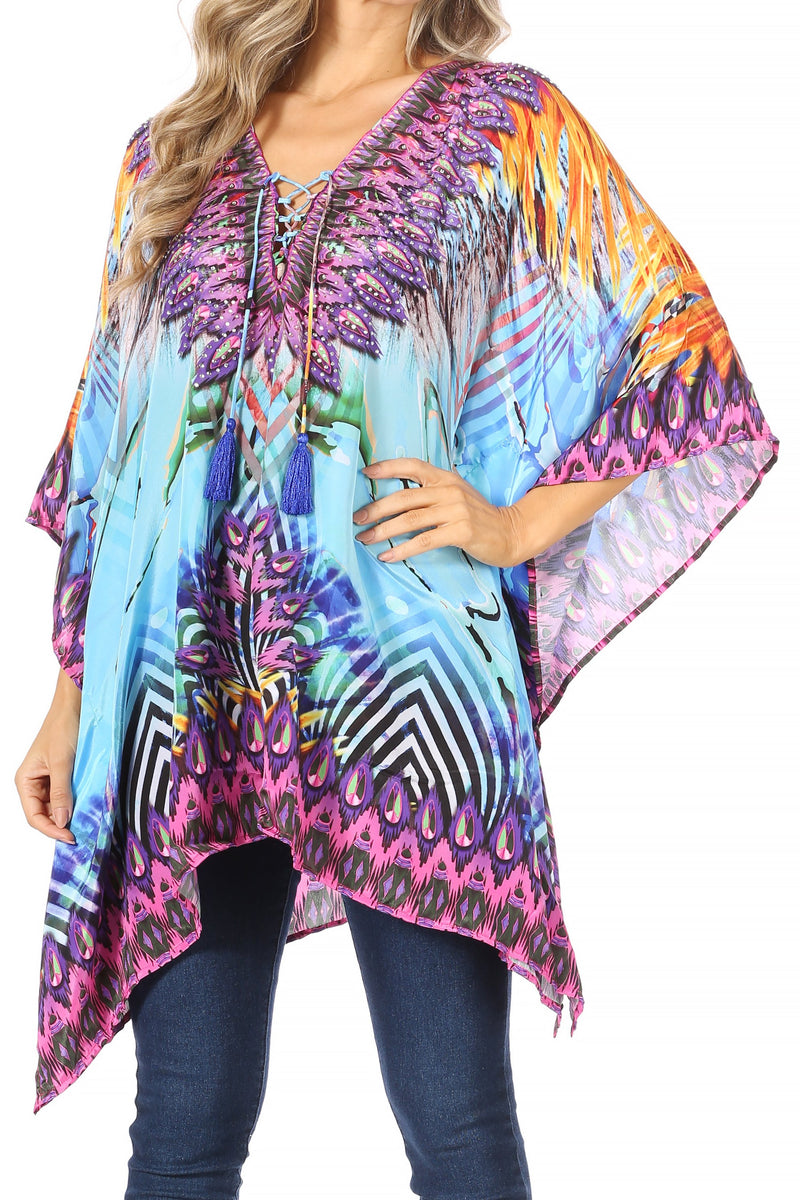 Sakkas Aymee Women's Caftan Poncho Cover up V neck Top Lace up With Rhinestone