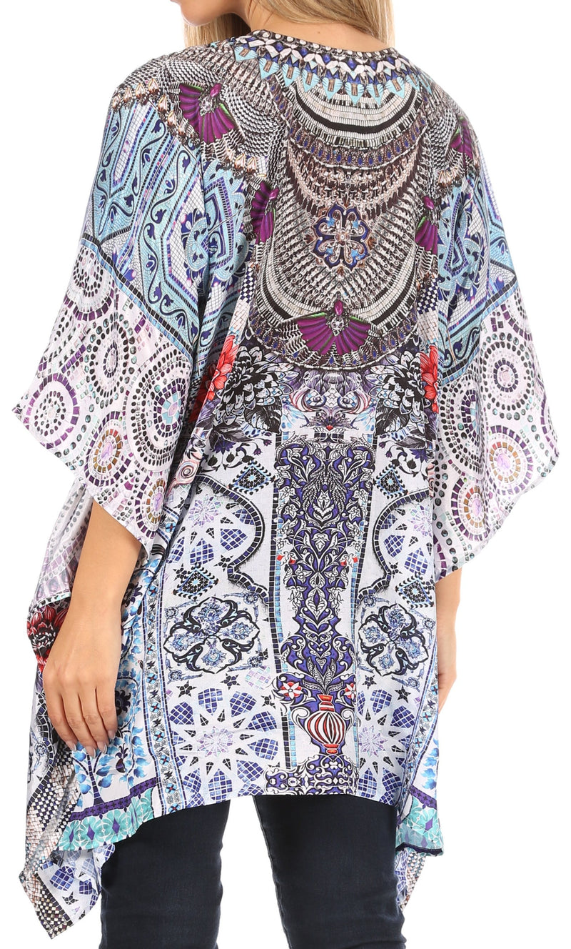 Sakkas Aymee Women's Caftan Poncho Cover up V neck Top Lace up With Rhinestone