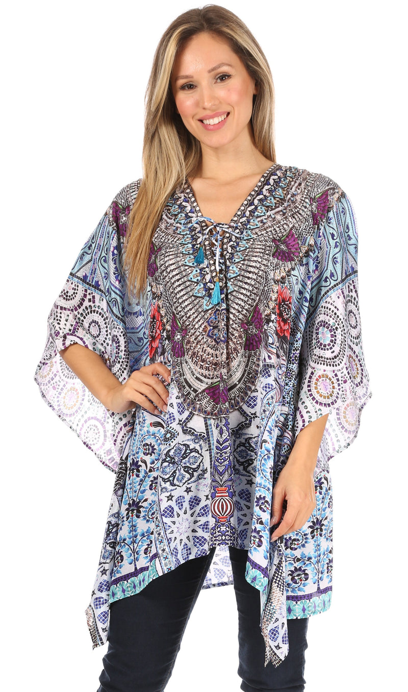 Sakkas Aymee Women's Caftan Poncho Cover up V neck Top Lace up With Rhinestone