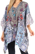 Sakkas Aymee Women's Caftan Poncho Cover up V neck Top Lace up With Rhinestone#color_ORB278-Blue