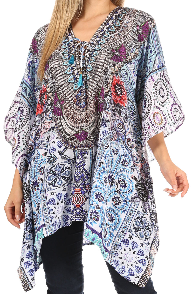 Sakkas Aymee Women's Caftan Poncho Cover up V neck Top Lace up With Rhinestone