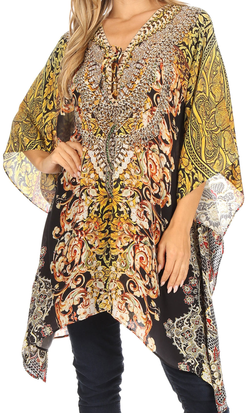 Sakkas Aymee Women's Caftan Poncho Cover up V neck Top Lace up With Rhinestone