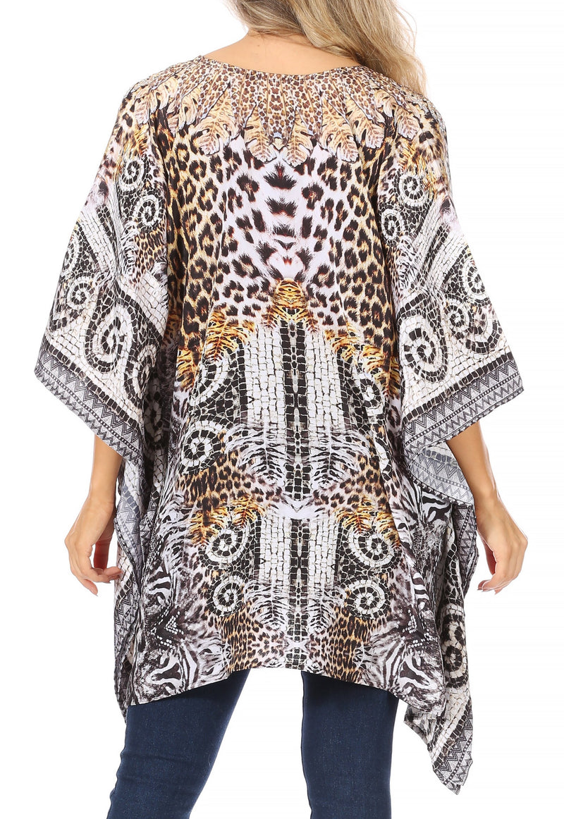 Sakkas Aymee Women's Caftan Poncho Cover up V neck Top Lace up With Rhinestone