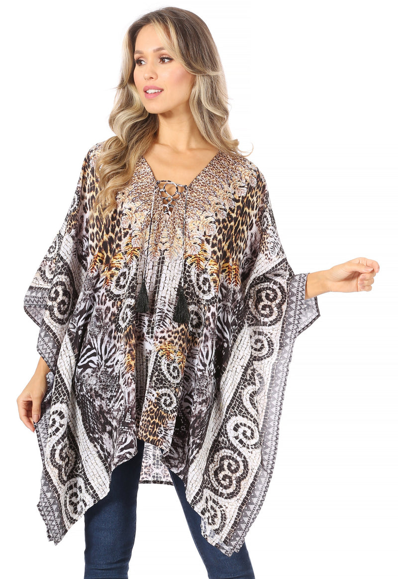 Sakkas Aymee Women's Caftan Poncho Cover up V neck Top Lace up With Rhinestone