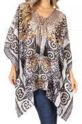 Sakkas Aymee Women's Caftan Poncho Cover up V neck Top Lace up With Rhinestone#color_ORBK248-Black