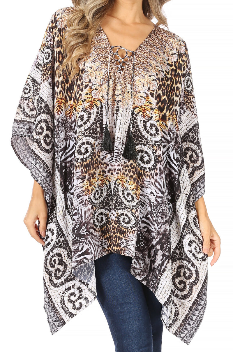 Sakkas Aymee Women's Caftan Poncho Cover up V neck Top Lace up With Rhinestone