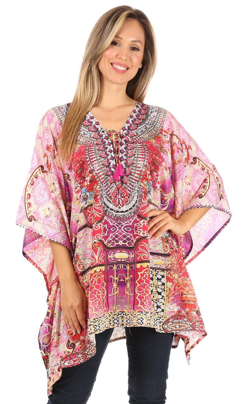 Sakkas Aymee Women's Caftan Poncho Cover up V neck Top Lace up With Rhinestone