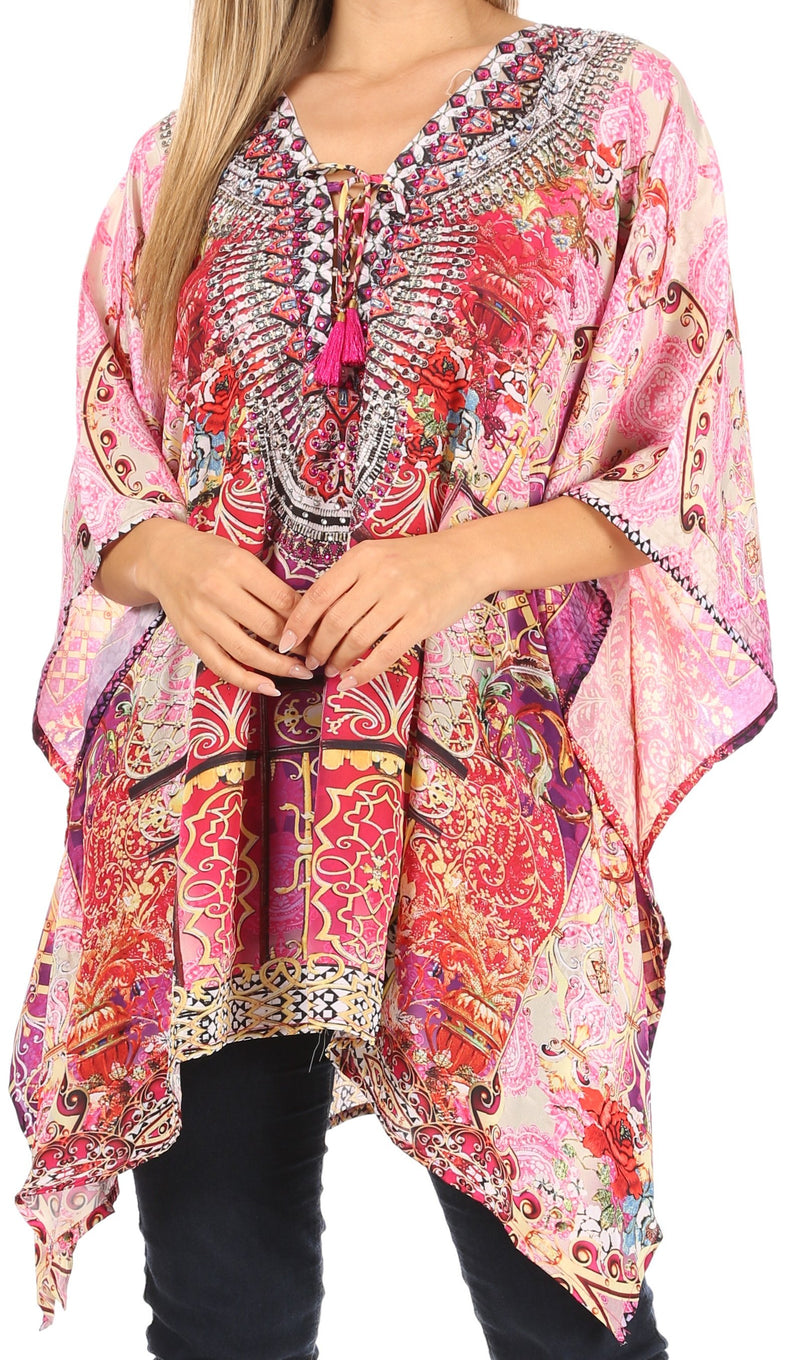 Sakkas Aymee Women's Caftan Poncho Cover up V neck Top Lace up With Rhinestone