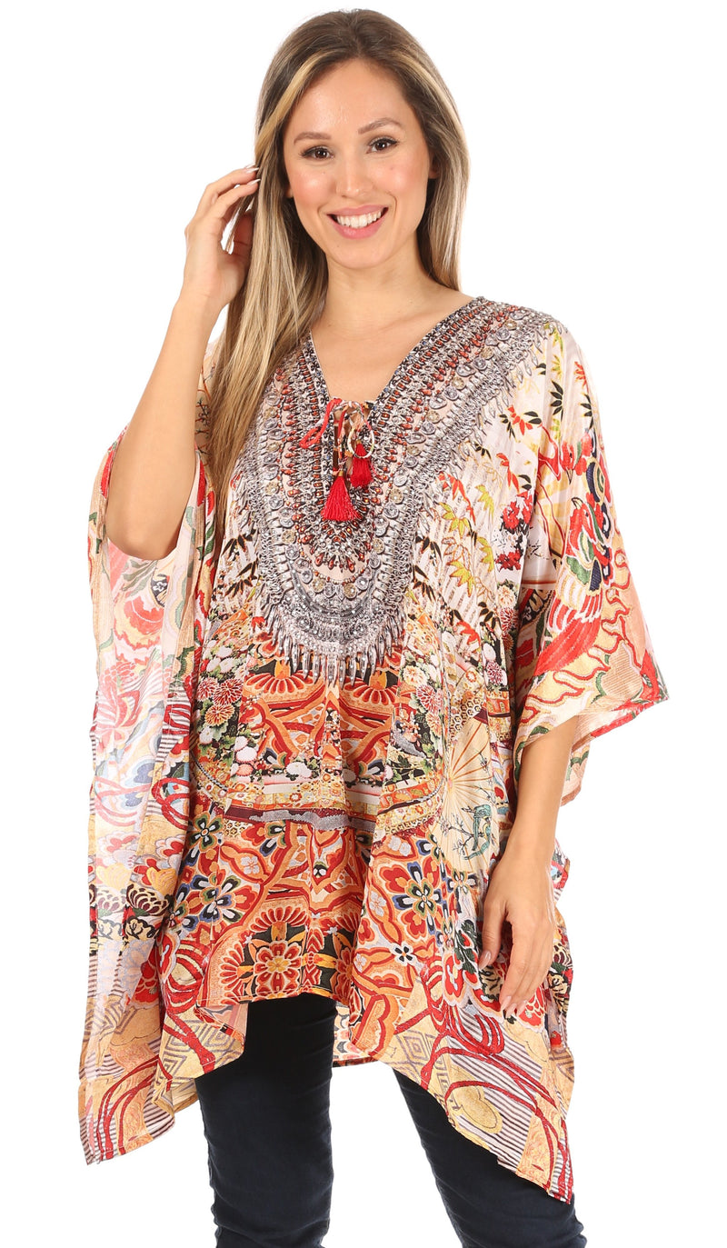 Sakkas Aymee Women's Caftan Poncho Cover up V neck Top Lace up With Rhinestone