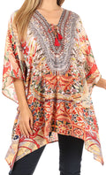 Sakkas Aymee Women's Caftan Poncho Cover up V neck Top Lace up With Rhinestone#color_ORM322-Multi