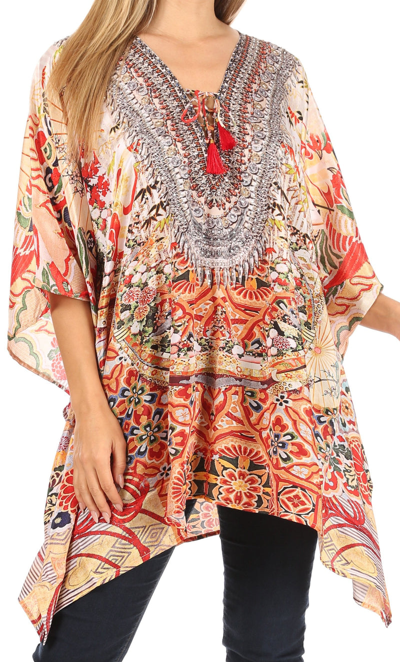 Sakkas Aymee Women's Caftan Poncho Cover up V neck Top Lace up With Rhinestone