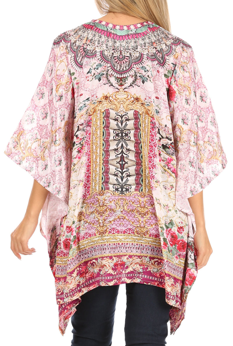 Sakkas Aymee Women's Caftan Poncho Cover up V neck Top Lace up With Rhinestone