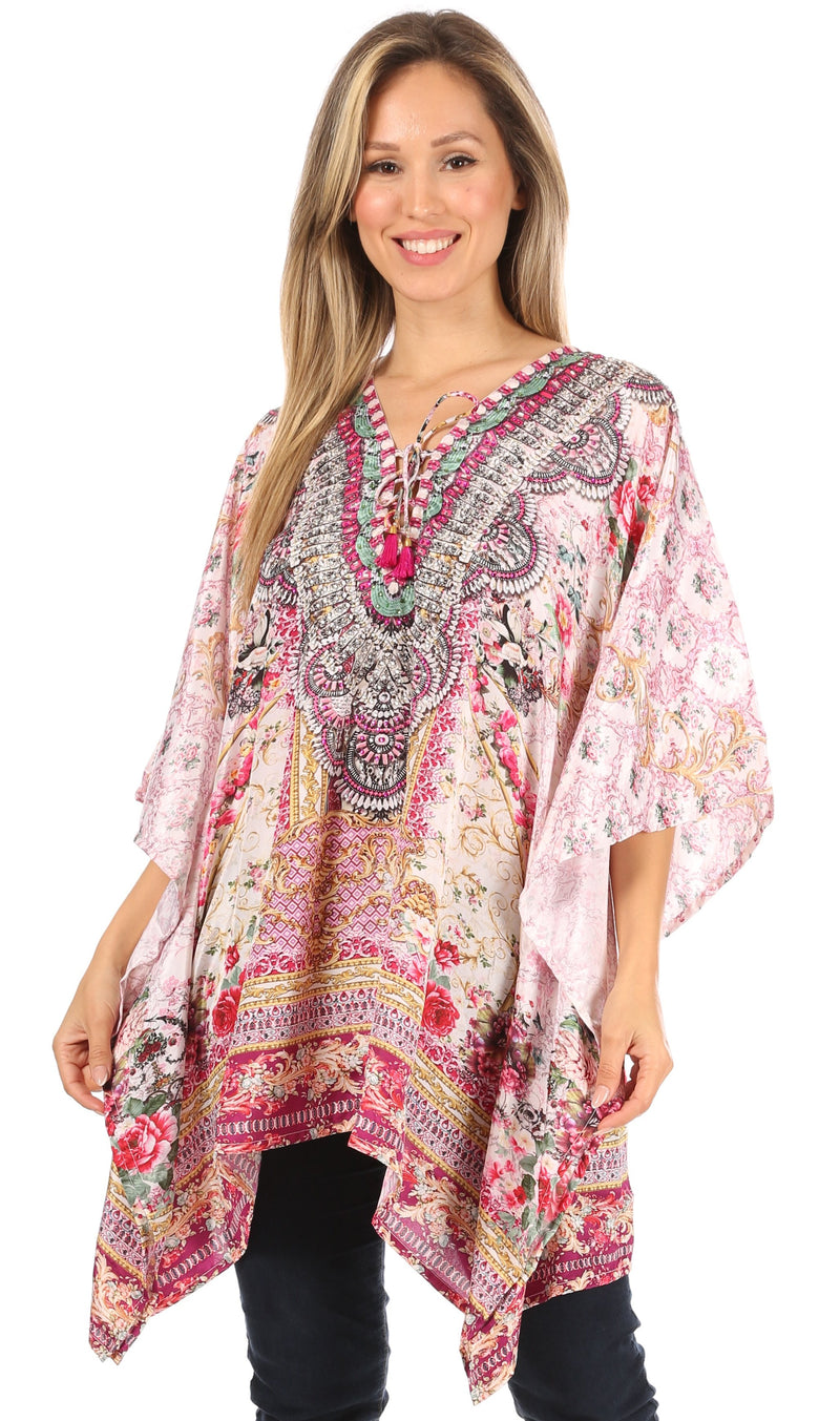 Sakkas Aymee Women's Caftan Poncho Cover up V neck Top Lace up With Rhinestone