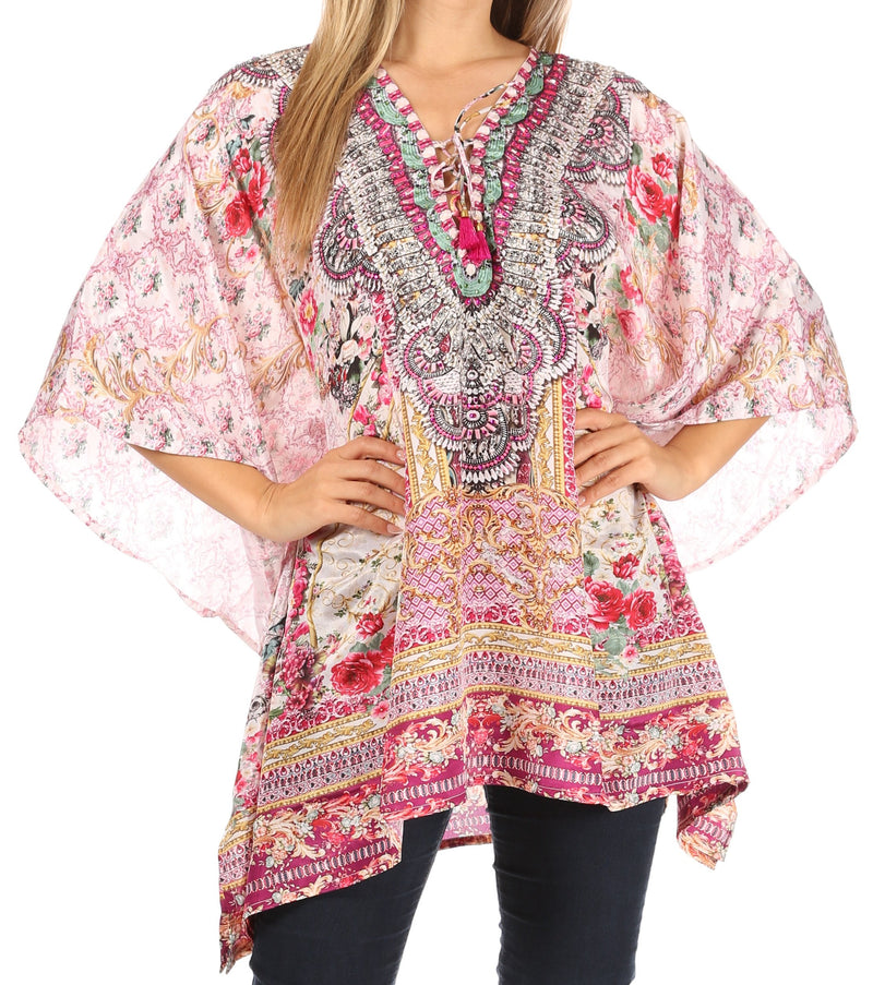 Sakkas Aymee Women's Caftan Poncho Cover up V neck Top Lace up With Rhinestone