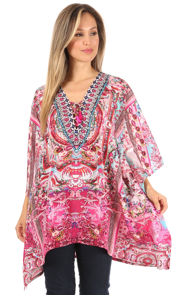 Sakkas Aymee Women's Caftan Poncho Cover up V neck Top Lace up With Rhinestone