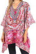 Sakkas Aymee Women's Caftan Poncho Cover up V neck Top Lace up With Rhinestone#color_ORPI272-Pink