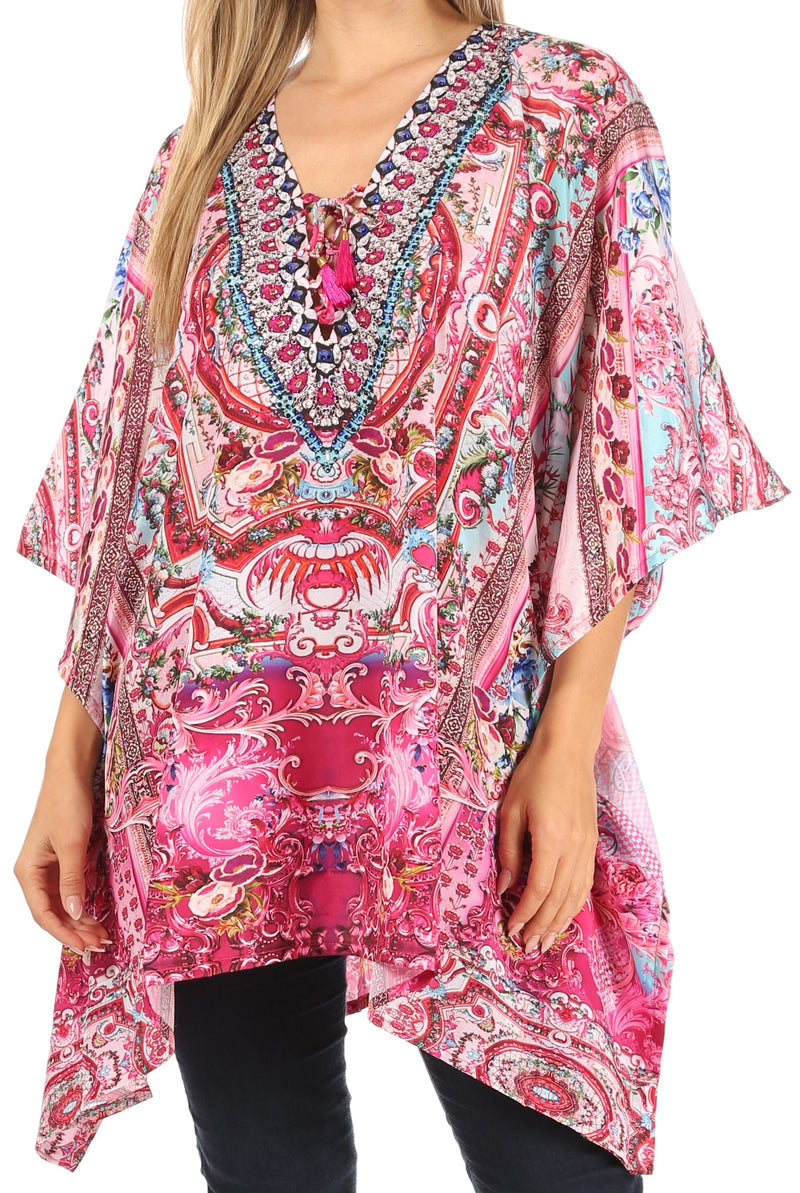 Sakkas Aymee Women's Caftan Poncho Cover up V neck Top Lace up With Rhinestone