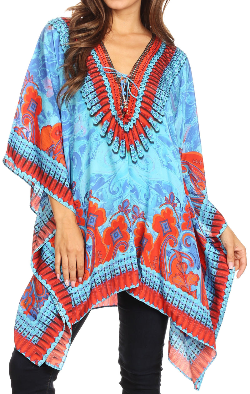 Sakkas Aymee Women's Caftan Poncho Cover up V neck Top Lace up With Rhinestone