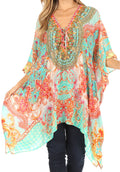 Sakkas Aymee Women's Caftan Poncho Cover up V neck Top Lace up With Rhinestone#color_ORTU230-Turq