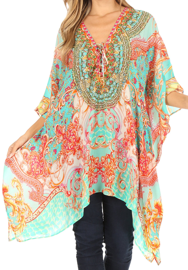 Sakkas Aymee Women's Caftan Poncho Cover up V neck Top Lace up With Rhinestone