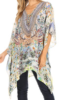 Sakkas Aymee Women's Caftan Poncho Cover up V neck Top Lace up With Rhinestone#color_ORW234-White