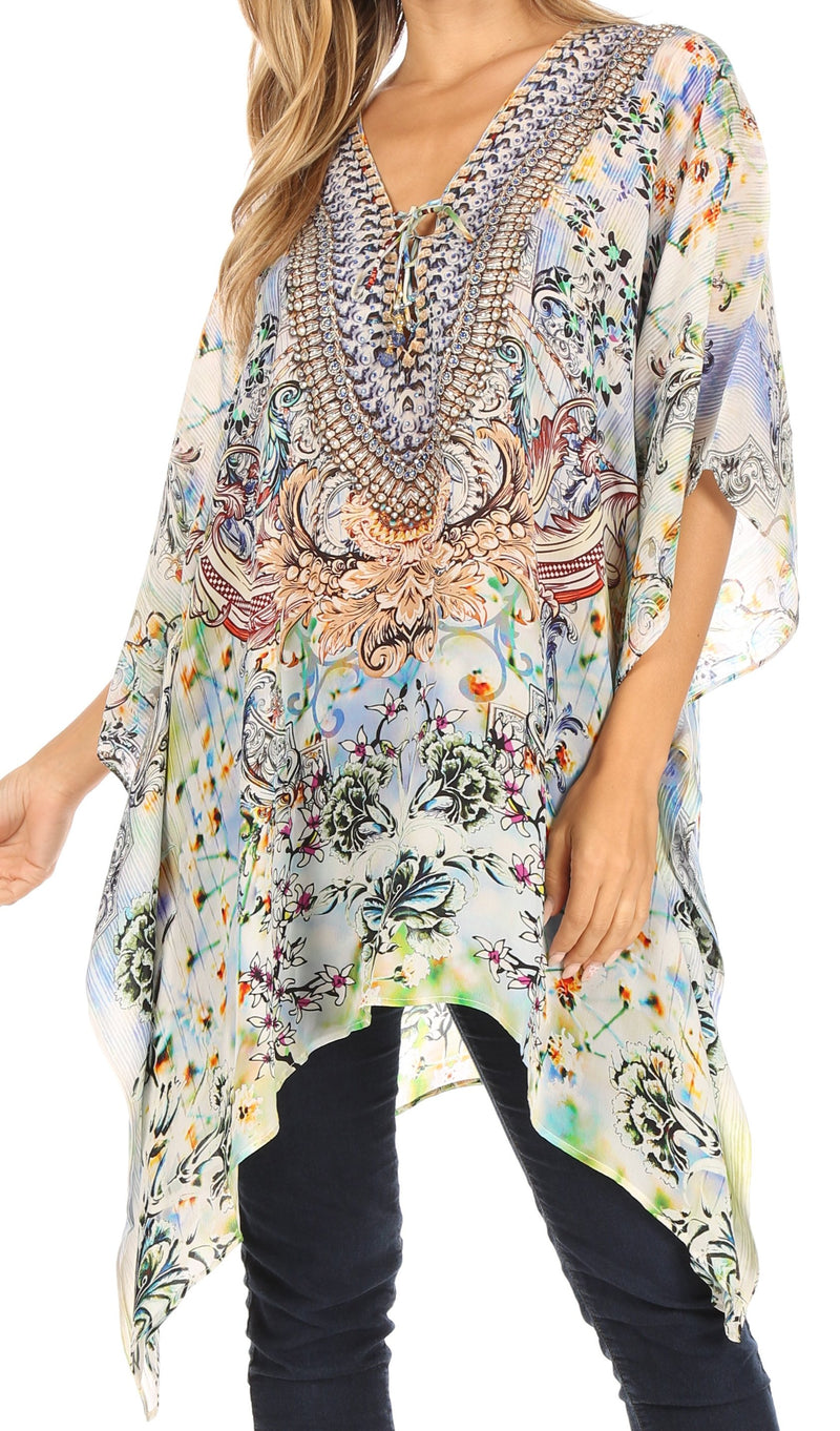 Sakkas Aymee Women's Caftan Poncho Cover up V neck Top Lace up With Rhinestone