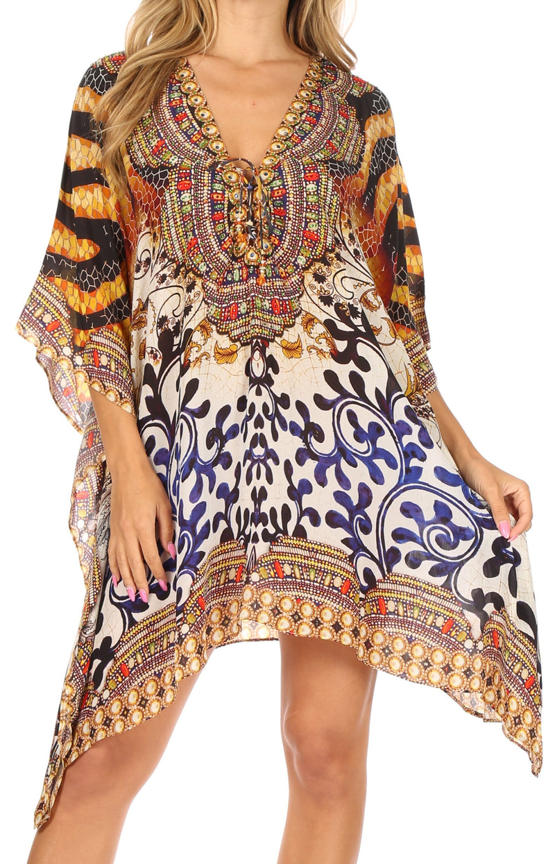 Sakkas Aymee Women's Caftan Poncho Cover up V neck Top Lace up With Rhinestone