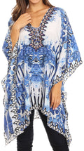 Sakkas Aymee Women's Caftan Poncho Cover up V neck Top Lace up With Rhinestone#color_SB51-Blue