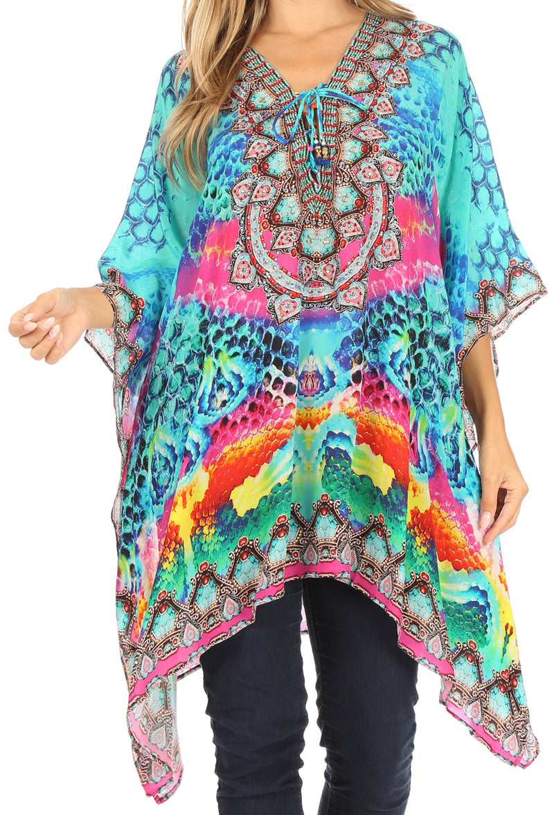 Sakkas Aymee Women's Caftan Poncho Cover up V neck Top Lace up With Rhinestone