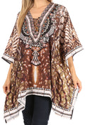 Sakkas Aymee Women's Caftan Poncho Cover up V neck Top Lace up With Rhinestone#color_SBR123-Brown