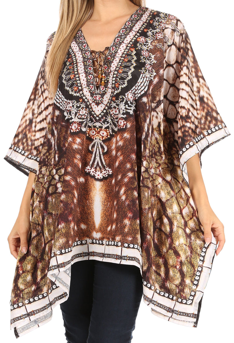 Sakkas Aymee Women's Caftan Poncho Cover up V neck Top Lace up With Rhinestone