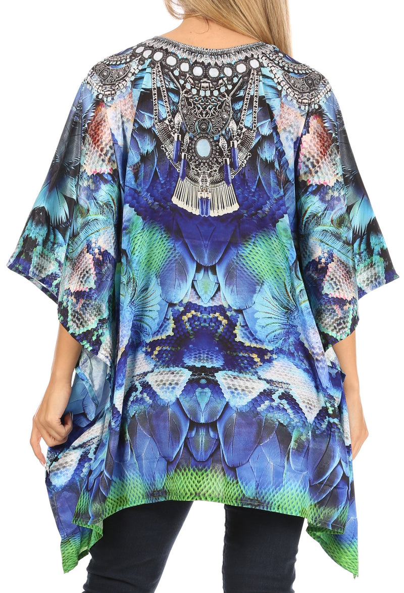 Sakkas Aymee Women's Caftan Poncho Cover up V neck Top Lace up With Rhinestone