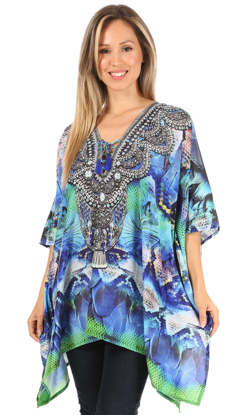 Sakkas Aymee Women's Caftan Poncho Cover up V neck Top Lace up With Rhinestone