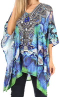 Sakkas Aymee Women's Caftan Poncho Cover up V neck Top Lace up With Rhinestone#color_SCB311-Blue