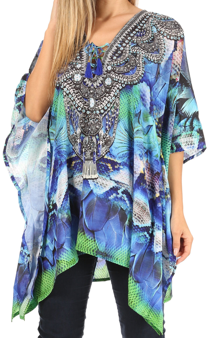 Sakkas Aymee Women's Caftan Poncho Cover up V neck Top Lace up With Rhinestone