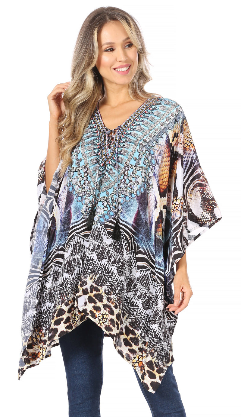 Sakkas Aymee Women's Caftan Poncho Cover up V neck Top Lace up With Rhinestone