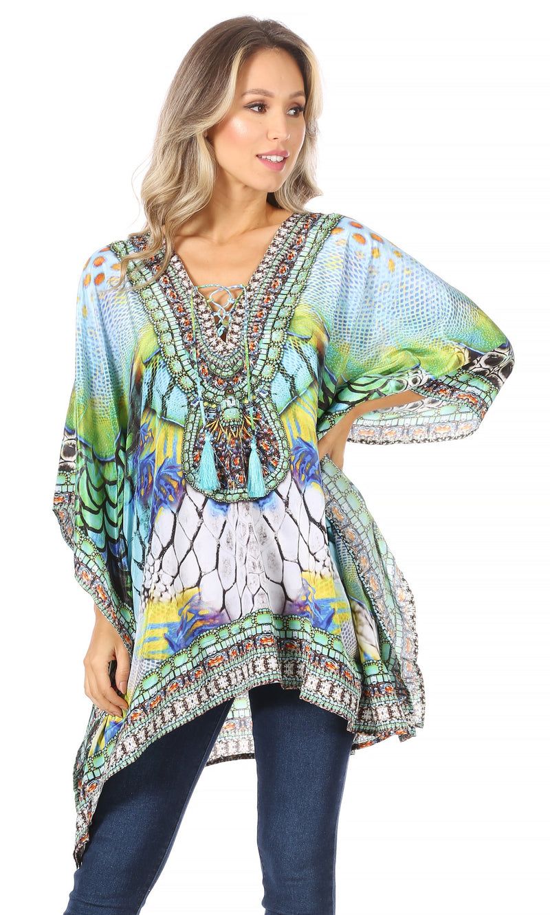 Sakkas Aymee Women's Caftan Poncho Cover up V neck Top Lace up With Rhinestone