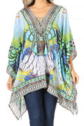 Sakkas Aymee Women's Caftan Poncho Cover up V neck Top Lace up With Rhinestone#color_SM128-Multi