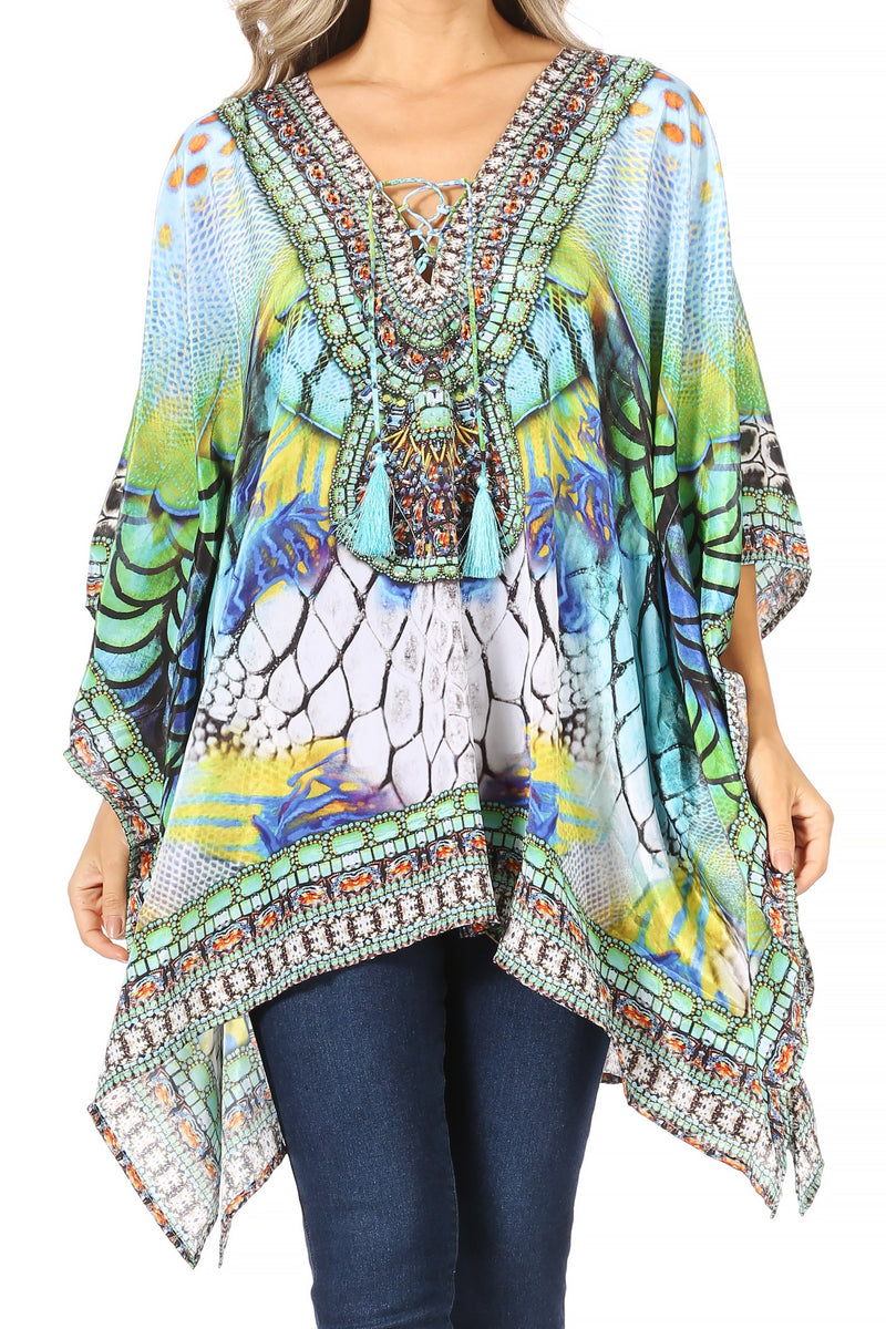 Sakkas Aymee Women's Caftan Poncho Cover up V neck Top Lace up With Rhinestone