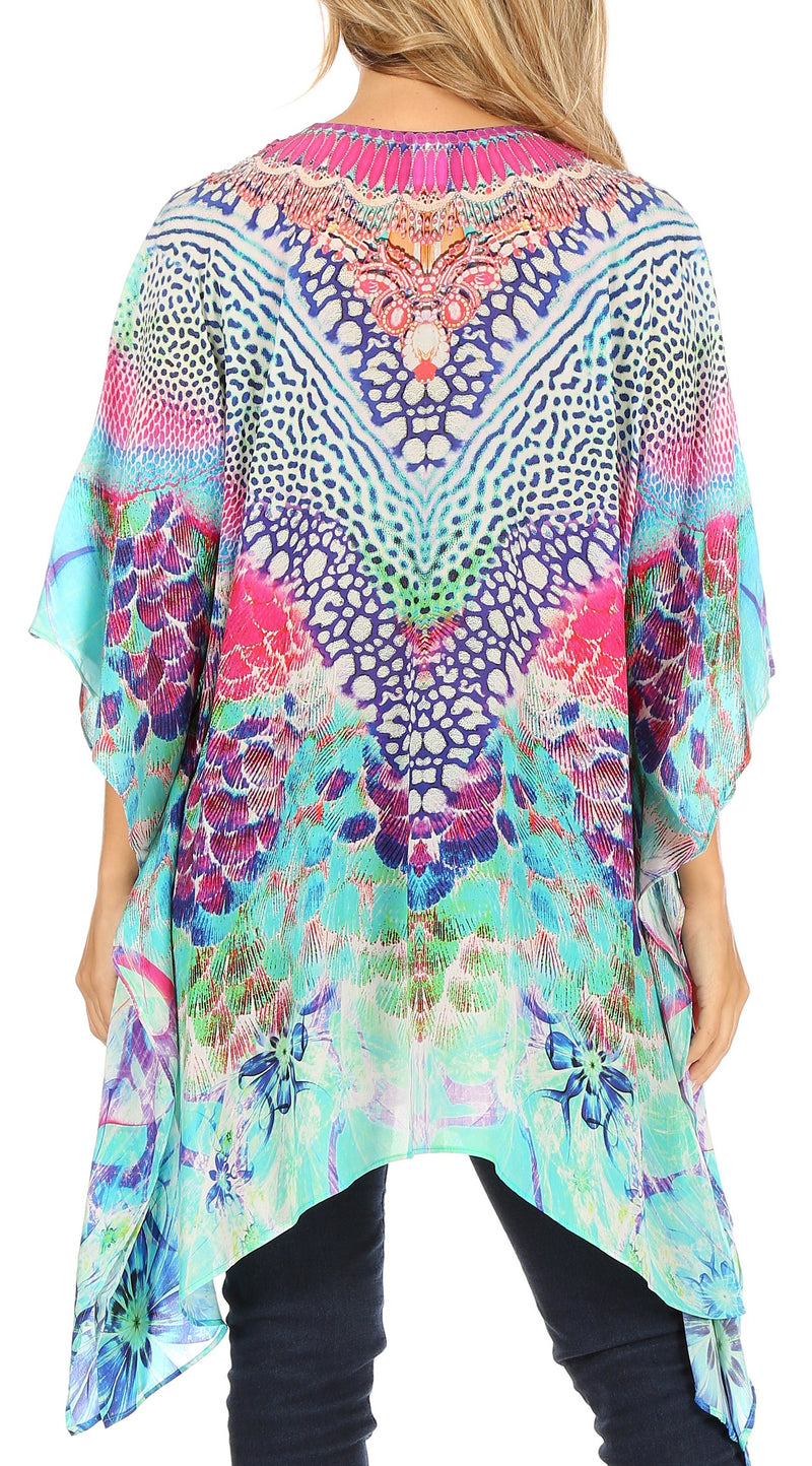 Sakkas Aymee Women's Caftan Poncho Cover up V neck Top Lace up With Rhinestone