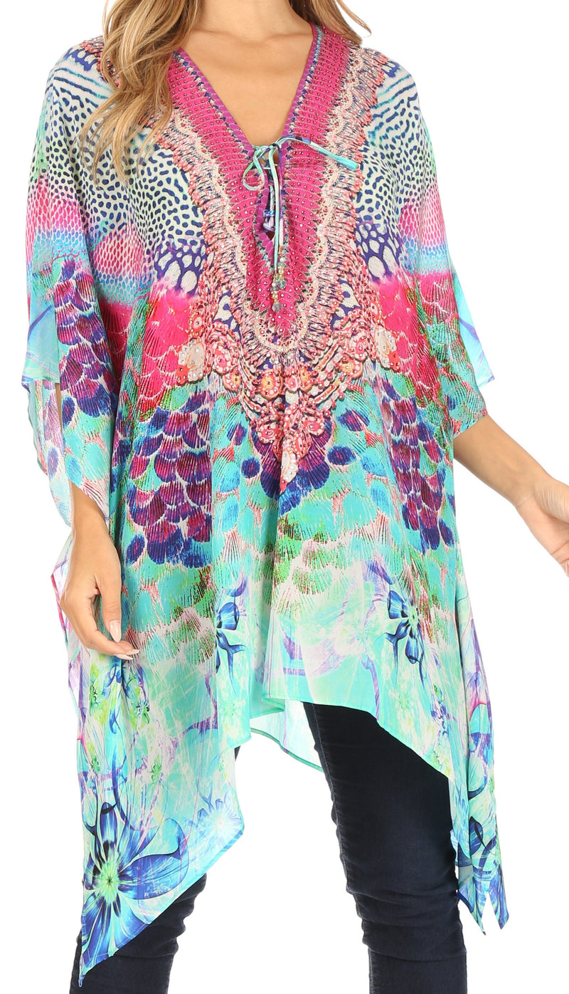 Sakkas Aymee Women's Caftan Poncho Cover up V neck Top Lace up With Rhinestone