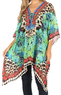Sakkas Aymee Women's Caftan Poncho Cover up V neck Top Lace up With Rhinestone#color_ST49-Turq