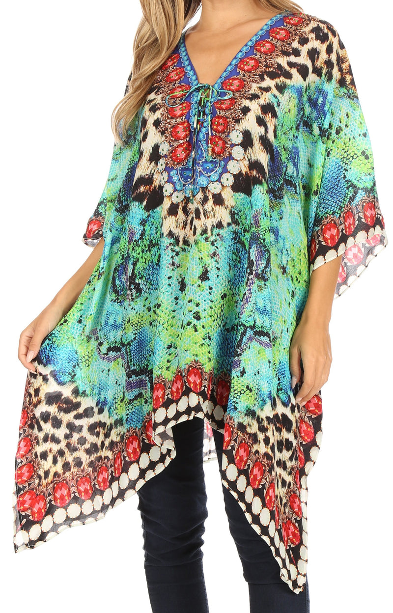 Sakkas Aymee Women's Caftan Poncho Cover up V neck Top Lace up With Rhinestone