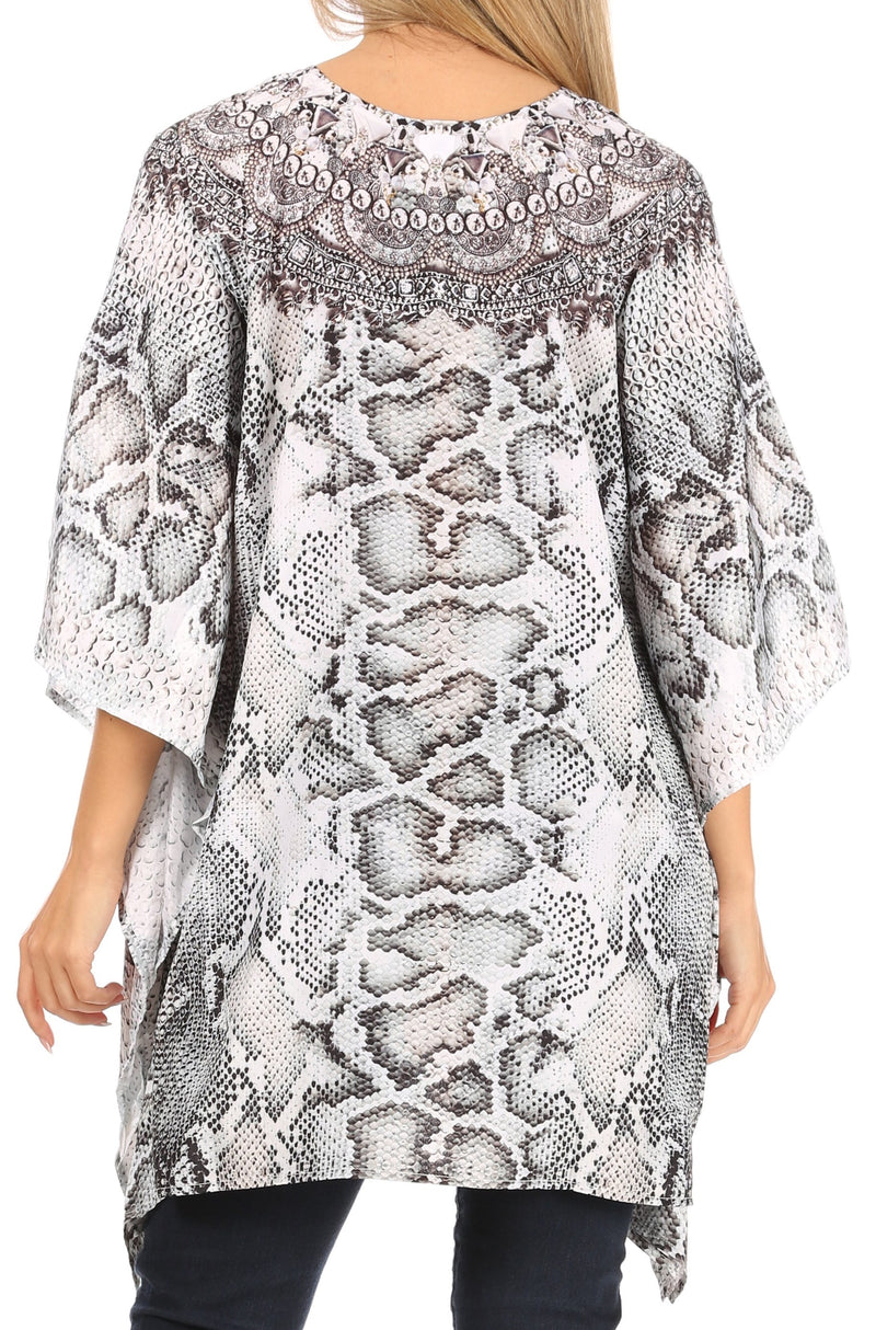 Sakkas Aymee Women's Caftan Poncho Cover up V neck Top Lace up With Rhinestone