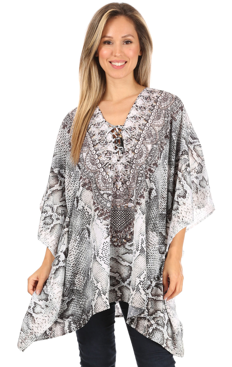 Sakkas Aymee Women's Caftan Poncho Cover up V neck Top Lace up With Rhinestone