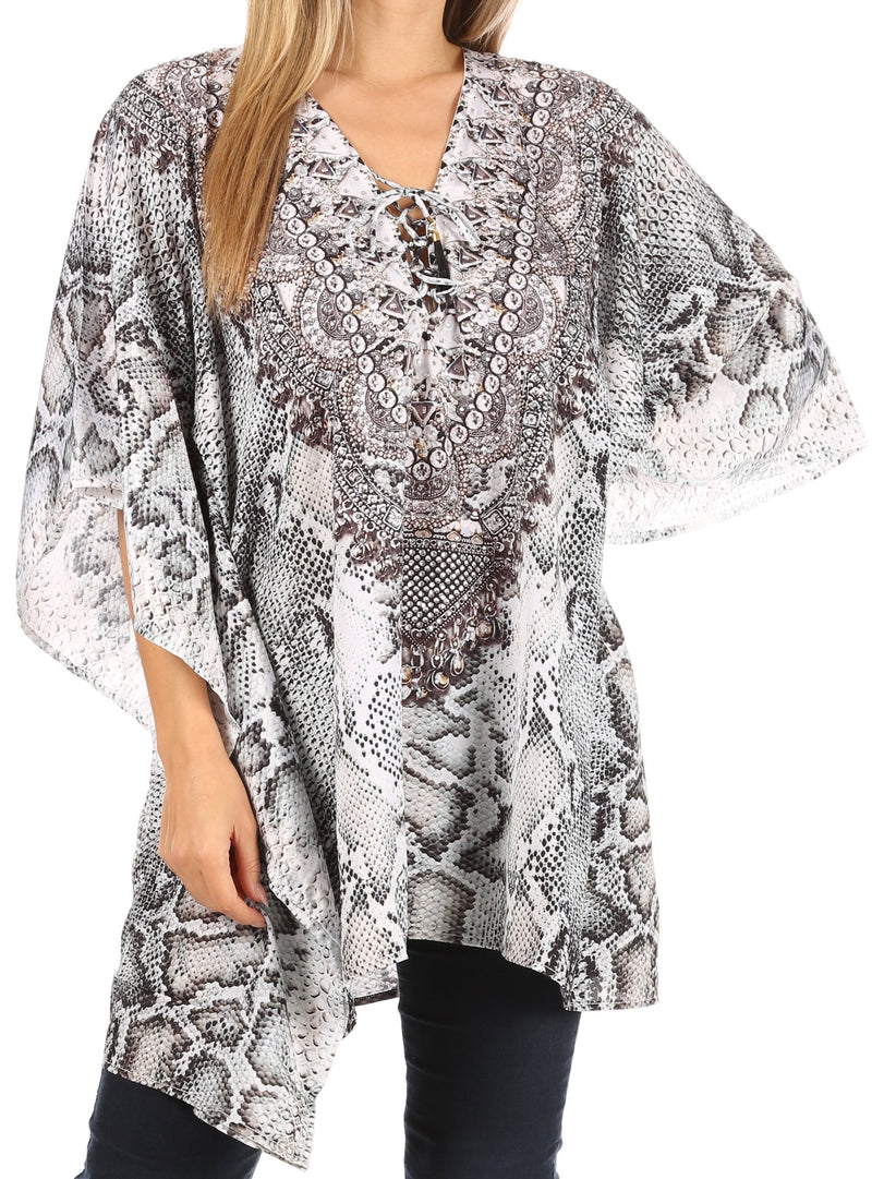 Sakkas Aymee Women's Caftan Poncho Cover up V neck Top Lace up With Rhinestone