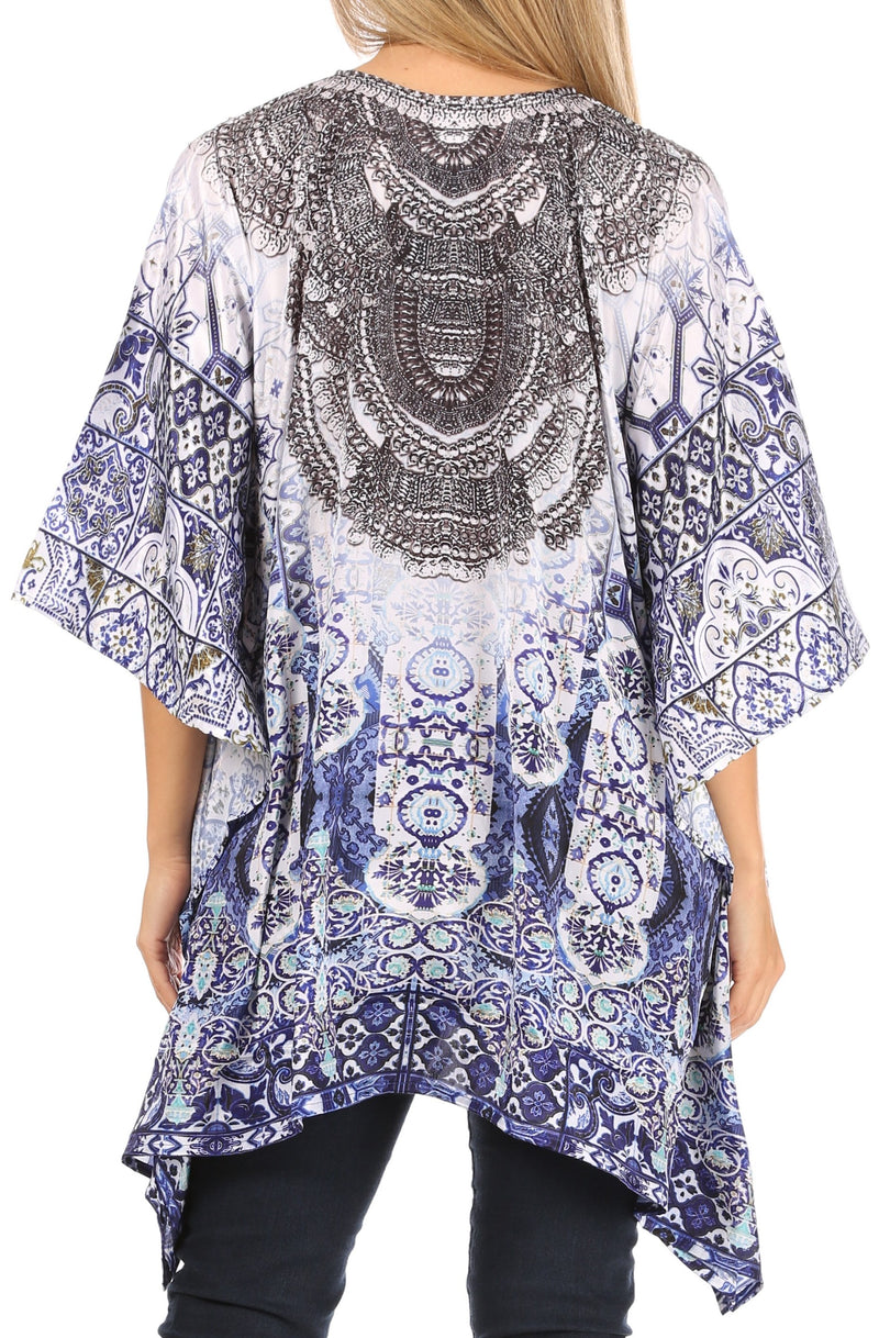 Sakkas Aymee Women's Caftan Poncho Cover up V neck Top Lace up With Rhinestone