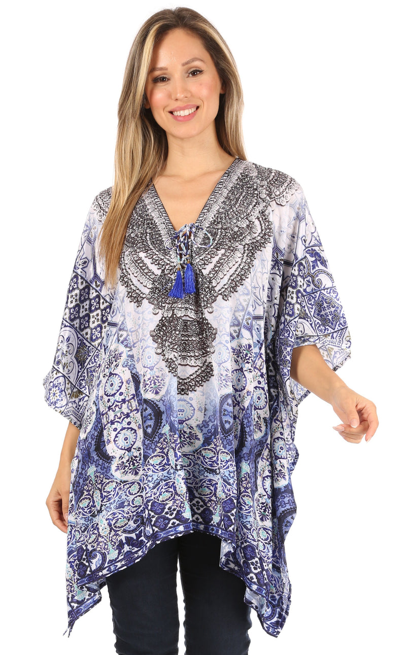 Sakkas Aymee Women's Caftan Poncho Cover up V neck Top Lace up With Rhinestone