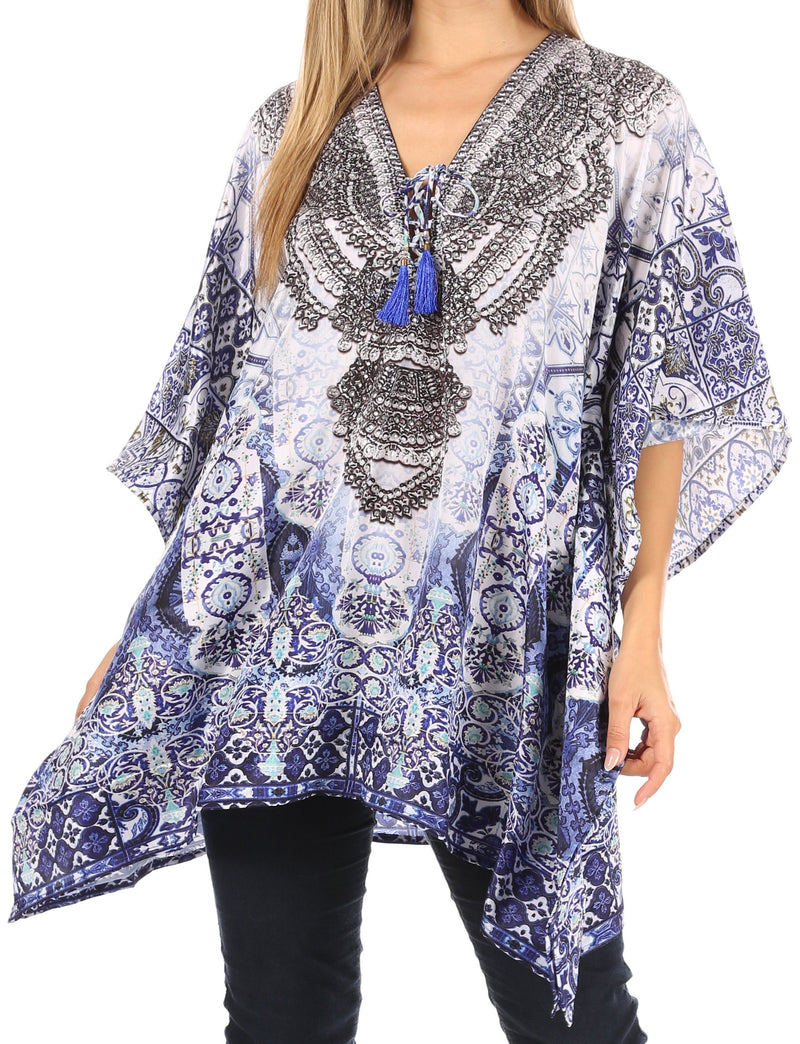 Sakkas Aymee Women's Caftan Poncho Cover up V neck Top Lace up With Rhinestone